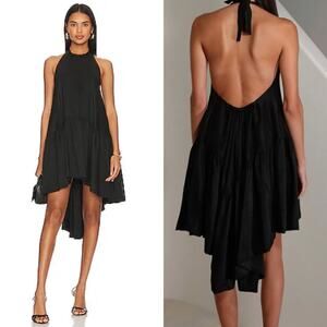AZEEZA Winston Raw Silk Mini Dress Black High Low Halter Cocktail Party Size S